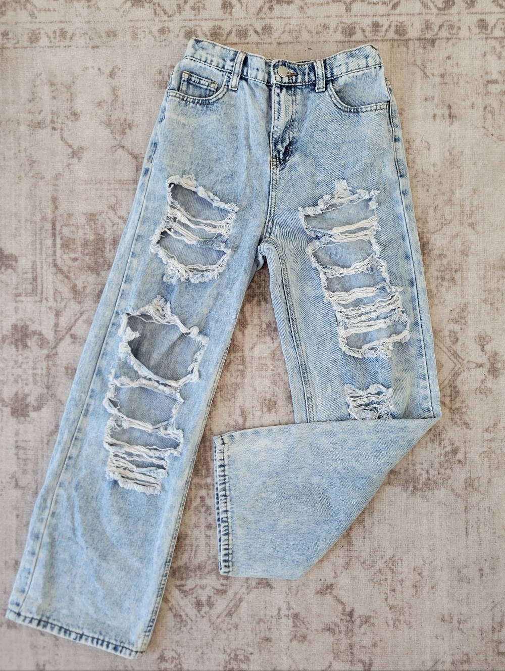 Shein Girls 12Y Light Wash Distressed Wide Leg Jeans Elastic Waist Denim Pants